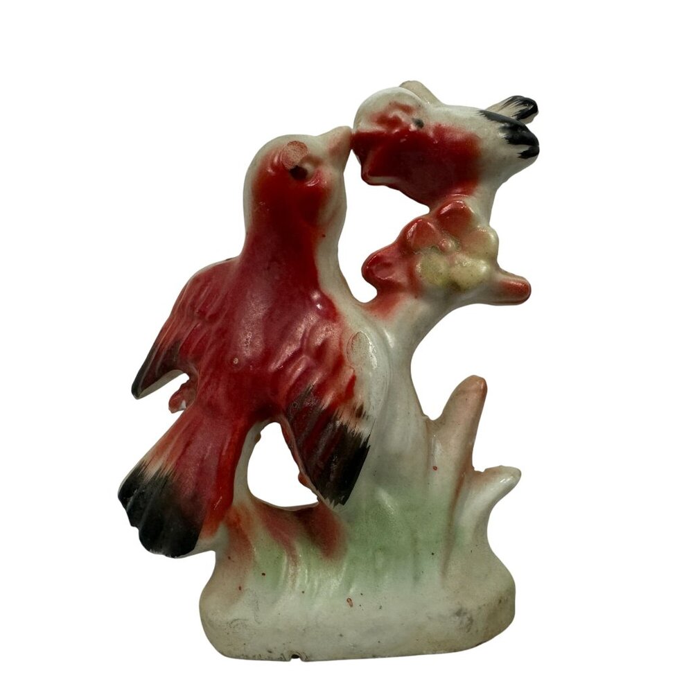 Vintage Japanese Ceramic Lovebird Figurine Red & White Hand-Painted Mid-Century